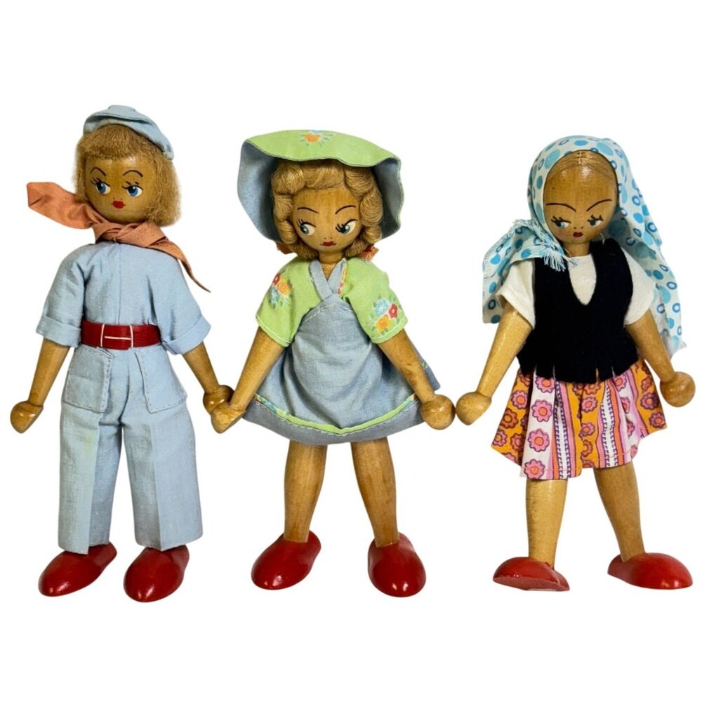Polish Joli Dolls Set Of 3 Hand-Carved Wooden Peg Jointed Arms Legs Vtg